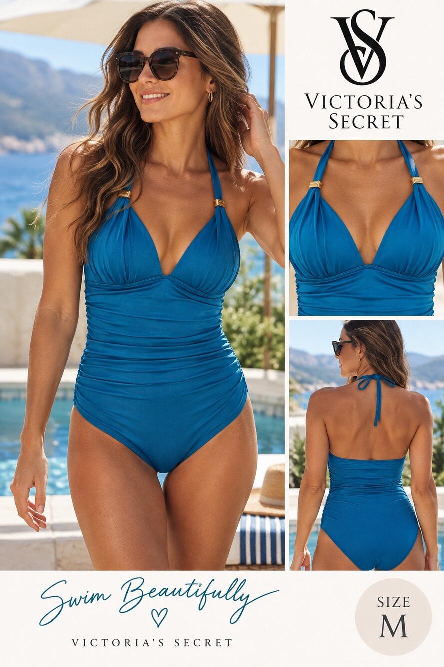 Victoria’s Secret Teal Blue Ruched Halter One Piece Swimsuit Size Medium
